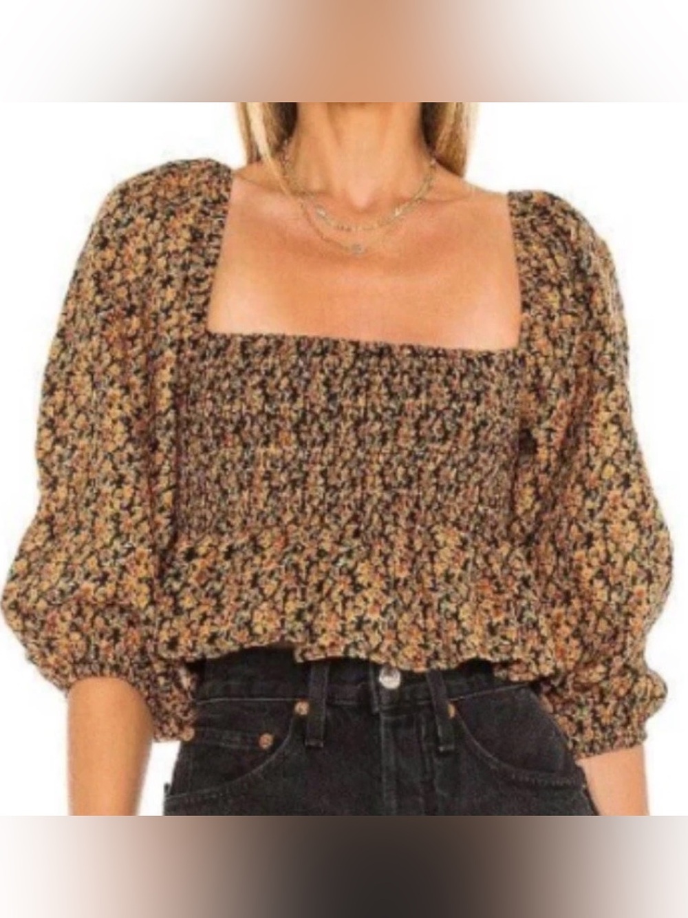 Faithful the Brand Smocked Puff-Sleeve Crop Top - Black & Orange Floral